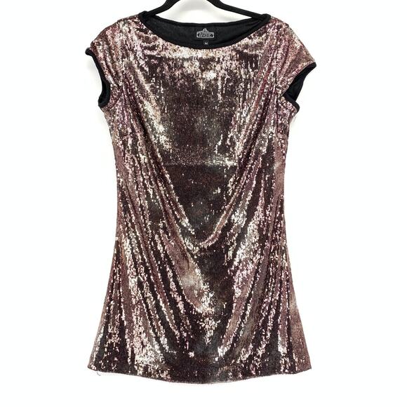 Angie Cap Sleeve Sequined Mini Dress Womens Sz Medium Pink Metallic Draped Front - Picture 1 of 6